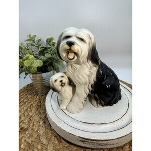 Vintage Old English Sheep Dog Harvey Knox Marked Bisque Figurine Mom Pup